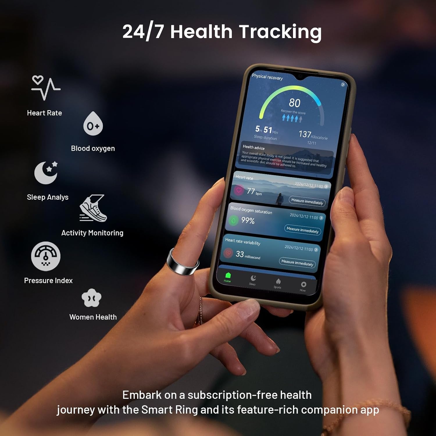 Smart Ring for Women & Men, Smart Ring Health Tracker, Blood Oxygen & Heart Rate Monitor, Long Lasting Battery Sleep Ring, Waterproof Fitness Ring (Rose Gold, 7)