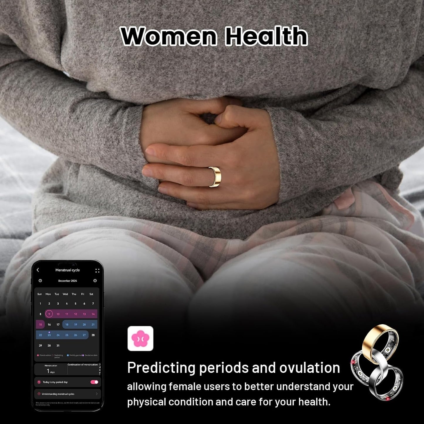 Smart Ring for Women & Men, Smart Ring Health Tracker, Blood Oxygen & Heart Rate Monitor, Long Lasting Battery Sleep Ring, Waterproof Fitness Ring (Rose Gold, 7)